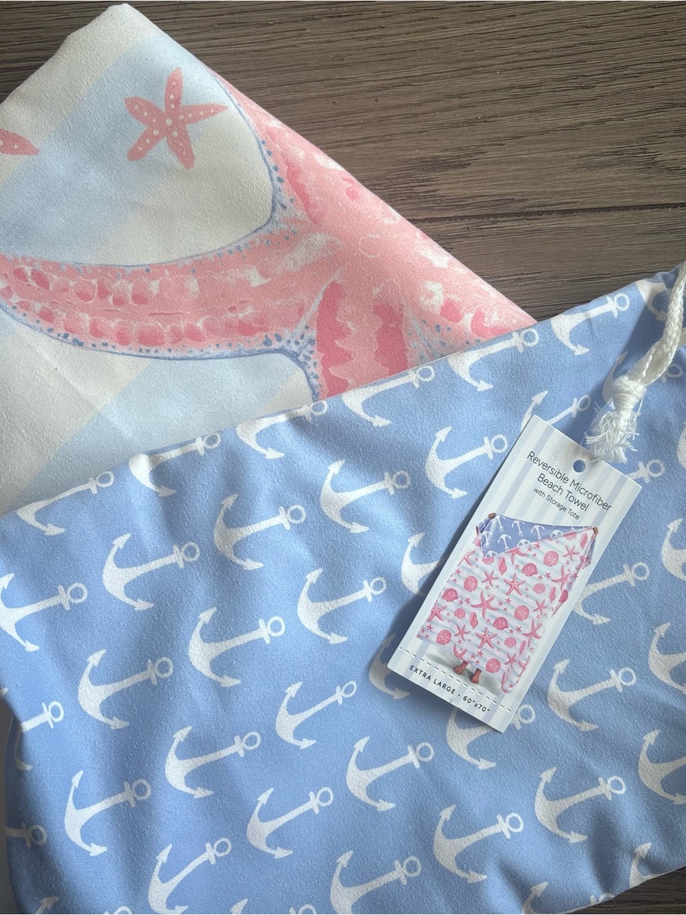 MIA & TESS NWT Reversible Microfiber Beach Towel - Blue & Pink Anchor/Sea Life